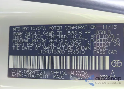 2013 Toyota Prius C Two from USA, damaged, VIN JTDKDTB30D1556010